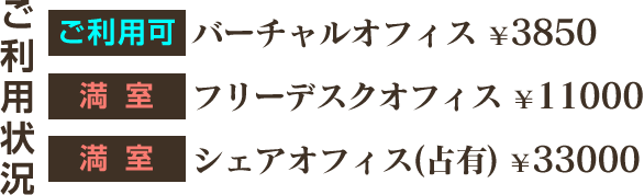 バーチャルオフィスご利用可・フリーデスクオフィス満室・占有ブースオフィス満室
